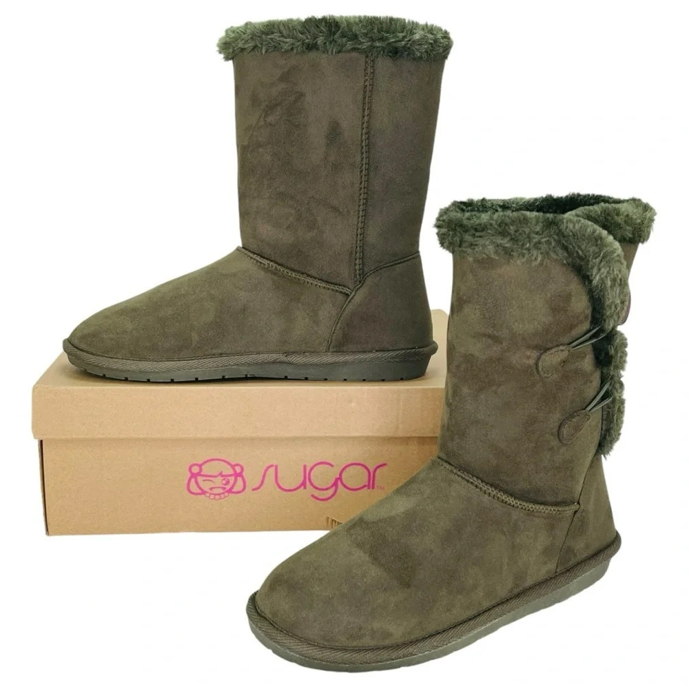 Sugar Marty Army Green Microfiber Suede Over The Ankle Womens Cozy Boots Size 8M